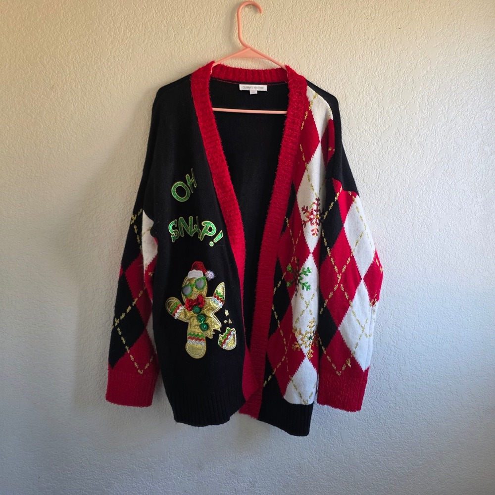 Celebrate Together Women Black Xmas Cardigan XL Gingerbread Argyle Holiday